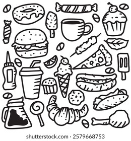 Yummy Food Doodles on Black and White.