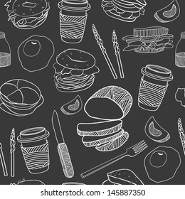 Yummy food seamless pattern. Hand drawn vector. Good for backgrounds, fabric, kitchen and cafe stuff