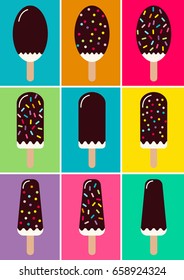 Yummy food, set of chocolate vanilla ice cream with sweet colorful sprinkles. Ice cream icons