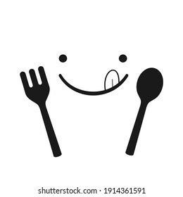 Yummy food sign with cute cartoon face, spoon and fork on white background vector illustration.