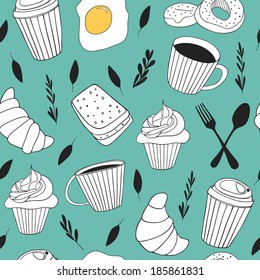 Yummy food vector background. Cute doodle seamless pattern with floral elements. Pattern is cropped with clipping mask so you can release it and easily edit