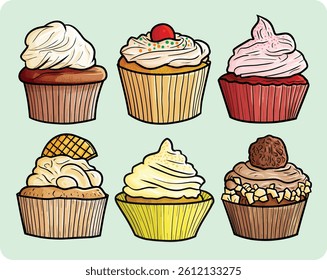 Yummy and fresh cupcakes cartoon illustration set