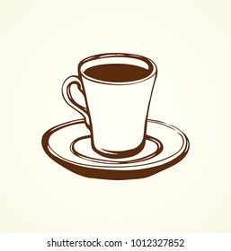 Yummy fresh morning mug of brewed coffe on white plate backdrop. Freehand outline black ink hand drawn picture emblem logotype in retro art scribble etch cartoon style pen on paper with space for text