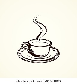 Yummy fresh morning mug of brewed coffe on white plate backdrop. Freehand outline black ink hand drawn picture emblem logotype in retro art scribble etch contour style pen on paper with space for text