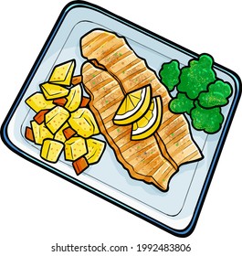 Yummy Grilled Dori Fish in simple doodle style