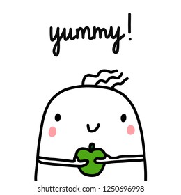 Yummy hand drawn illustration with cute marshmallow with green apple for prints posters t shirts banners articles and food projects