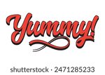 Yummy! hand drawn lettering composition for cafe menu, restaurant, shop and market. The word Yummy modern lettering for logo, sticker, badge. vector illustration. EPS 10