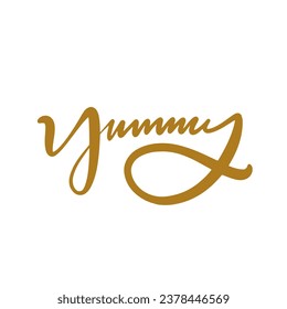 Yummy handwritten gold color letter sign. Vector art isolated on white background.