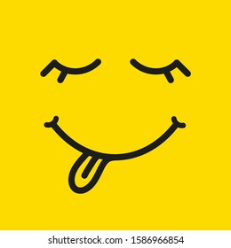 Yummy happy smile. Tasty eating emoji face eat with mouth and tongue gourmet enjoying taste. Merry mood line yellow, vector 