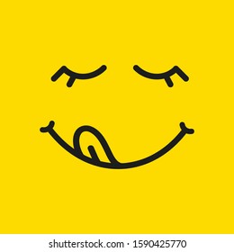 Yummy happy smile. Tasty eating emoji face eat with mouth and tongue gourmet enjoying taste. Merry mood line yellow, vector