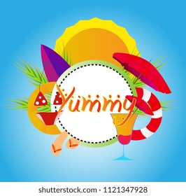 yummy has mean delicious, vector beautiful greeting card or label with beach or summer theme and handrawn text.