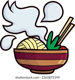 Yummy hot noodle in brown bowl cartoon illustration