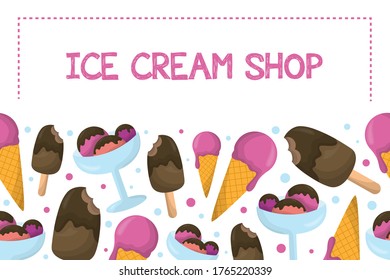 Yummy ice cream border for ice cream shop visit card concept. Vector cartoon style images. Pre-ready visit card design.