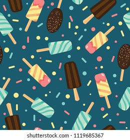 Yummy ice cream and candy seamless repeat pattern. Great for yummy summer dessert wallpaper, backgrounds, packaging, fabric, scrapbooking, and giftwrap projects. Surface pattern design.