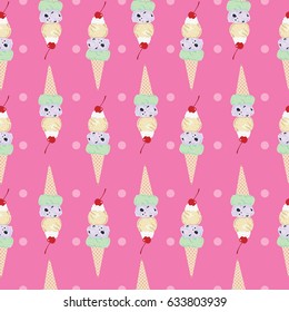 Yummy ice cream cone and cherry seamless pattern vector.