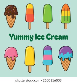 Yummy Ice Cream  Cute Colorful Ice Cream Set for Summer A fun and colorful set of cartoon-style ice cream illustrations featuring various cones and popsicles. 