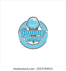 Yummy Ice Cream logo in blue and brown on a white background