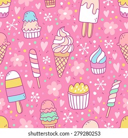 Yummy ice cream on pink background seamless pattern