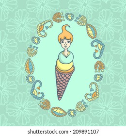 Yummy ice cream retro card with round frame from hearts and leaves 