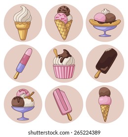 Yummy ice cream, wafer cone, balls, lolly, isolated set