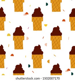 Yummy ice cream in waffle hand drawn seamless vector background.  Design for fabric, wrapping, textile, wallpaper, apparel.
