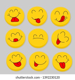 Yummy icon design. Happy face chat speech bubble symbol. Smile icon. Circle and square buttons. Flat design set. Vector