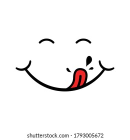 Yummy icon. Face after tasty food. Logo of smile, hungry mouth and pleasure. Funny emoji after delicious eat. Cook with taste. Licking tongue of gourmet. Cartoon illustration in line style. Vector.