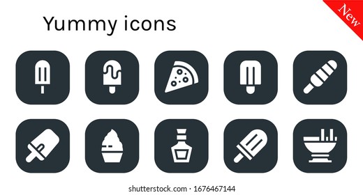 yummy icon set. 10 filled yummy icons. Included Popsicle, Pizza, Cupcake, Whiskey, Custard icons