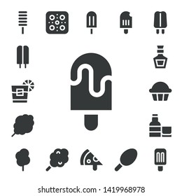 yummy icon set. 17 filled yummy icons.  Collection Of - Popsicle, Whiskey, Cotton candy, Cupcake, Pizza