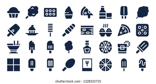 yummy icon set. 32 filled yummy icons. on blue background style Simple modern icons about  - Cupcake, Popsicle, Custard, Delicious, Cotton candy, Pizza, Nougat, Whiskey, Foodie