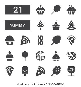 yummy icon set. Collection of 21 filled yummy icons included Whiskey, Cotton candy, Pizza, Popsicle, Cupcake, Bacon