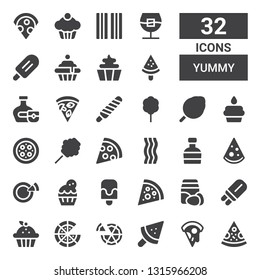 yummy icon set. Collection of 32 filled yummy icons included Pizza, Popsicle, Cupcake, Ingredients, Whiskey, Bacon, Cotton candy