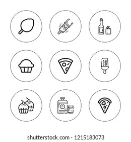 Yummy icon set. collection of 9 outline yummy icons with cotton candy, cupcake, pizza, popsicle icons. editable icons.