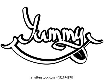 Yummy, isolated sticker, calligraphy lettering, word design template, vector illustration