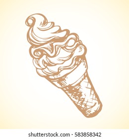 Yummy jam syrup softcream lollipop in brown crispy cup isolated on beige backdrop. Outline ink hand drawn picture icon sketch in art retro cartoon doodle graphic style