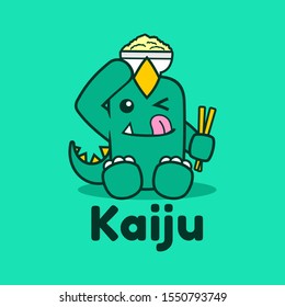 yummy japanese Dinosaur Kaiju eating bowl mascot logo design