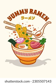 Yummy Japanese Ramen in Cartoon Funny Style