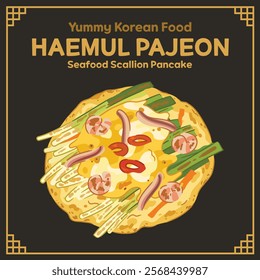 Yummy Korean Food illustration vector, Haemul Pajeon, Seafood Scallion Pancake