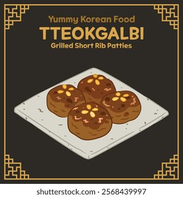 Yummy Korean Food illustration vector, Tteokgalbi, Grilled Short Rib Patties