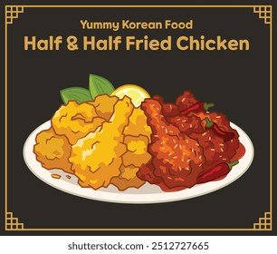 Ilustración deliciosa de pollo frito coreano, pollo frito picante, pollo combinado, Vector de alimentos