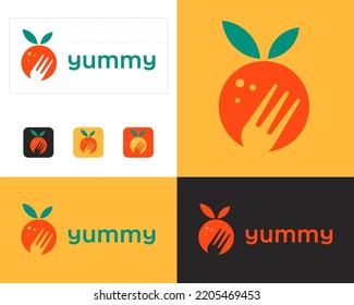 Yummy logo. Food emblem. Orange Fruit with fork and leaves.
Logo for vegan restaurant, cafe, label, packaging for organic products, delivery, green food emblem.