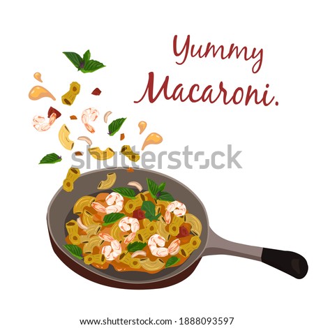 Yummy macaroni with prawn in the pan is sauteing on white background. Eps vector illustration.