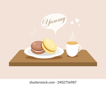 Yummy macarons on plate with cup of tea or coffee. Vector illustration. Breakfast tray. 