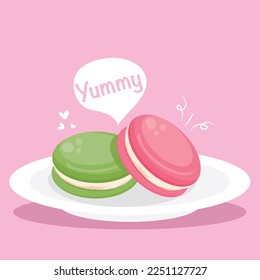 Yummy macarons on plate vector illustration.
