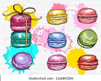 Yummy macarons vector set isolated. Colorful macarons collection. Sweet, color, cakes, lunch, break time. Hand drawn vector illustration.