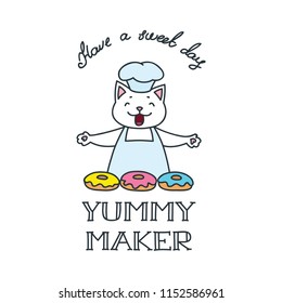 Yummy maker. Cute baker cat with sweet donuts. Vector illustration 8 EPS.