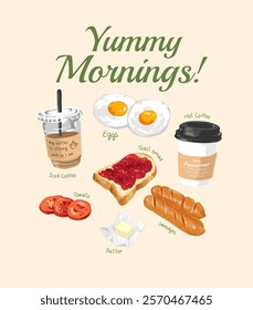 yummy morning slogan with breakfast food items vector illustration