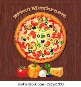 Yummy mushroom pizza on the wood background with ingredients.