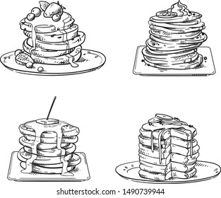 yummy pancakes with toppings, vector sketch