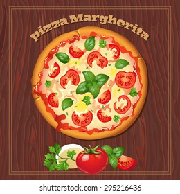 Yummy pizza margarita on the wood background with ingredients.